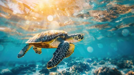 Fotobehang Majestic Sea Turtle Gliding Through the Enchanting Underwater Seascape of Coral Reefs and Vibrant Azure Waters © Intelligent Horizons