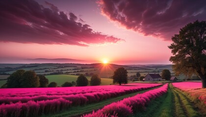 A breathtaking view of lavender fields under a dramatic sunset sky, creating a picturesque and vibrant rural scene.. AI Generation. AI Generation