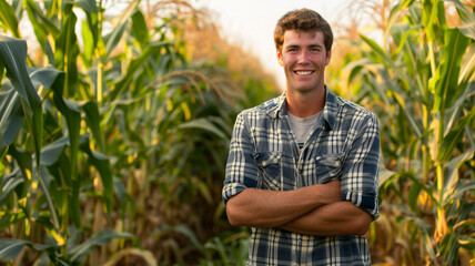 Naklejka na ściany i meble A young farmer stands with his arms crossed and smiling in the corn field in the morning.