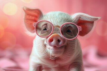 Cheerful piglet with a joyful expression wearing round pink sunglasses on a vibrant pink backdrop