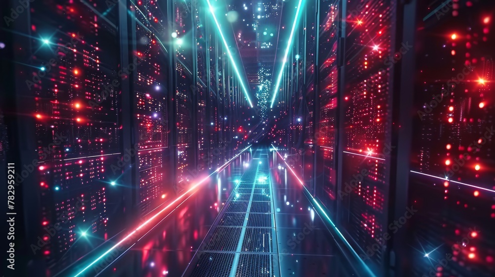 Poster Camera moves out of server room with high-speed internet line that carries a lot of data