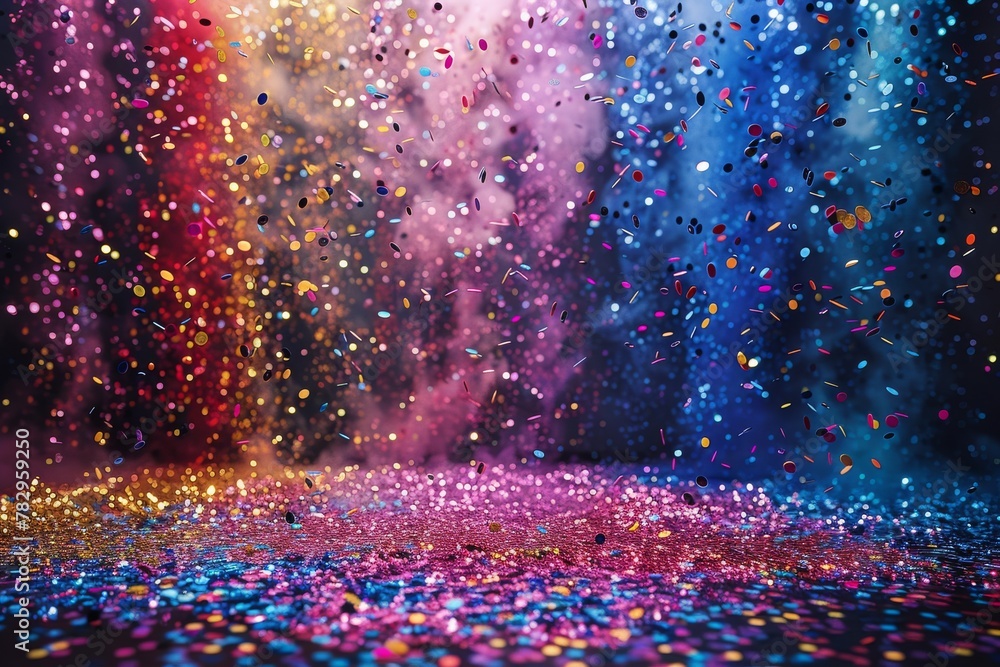 Poster an enthralling image showing a shower of confetti raining down under party lights