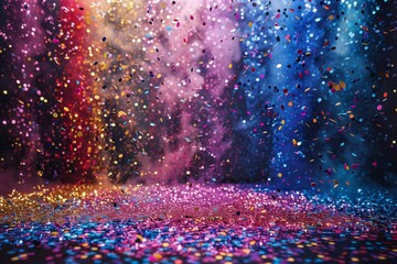 An enthralling image showing a shower of confetti raining down under party lights