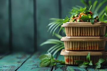 Three stacked eco-friendly containers filled with fresh, vibrantly colored vegetarian meals on a wooden table