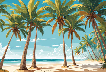 Tropical Sea beach background, landscape with sand beach, sea water edge and palm trees. Colorful art illustration, banner, wallpaper.	