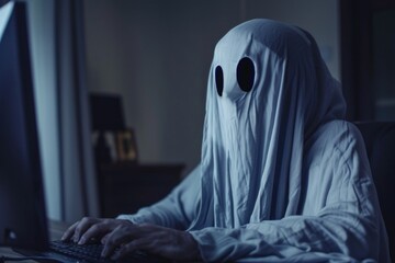 A person in a ghost costume using a computer. Suitable for Halloween-themed designs