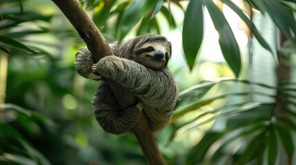 Sloth Hanging Lazily on Tree Branch in Peaceful Natural Environment