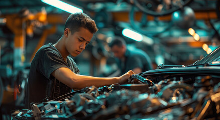 A young man is working on the engine of an SUV in front of him, he has short hair and wears black tshirt with grey gloves