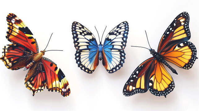 Isolated collection of colorful butterflies over white background. AI Generative