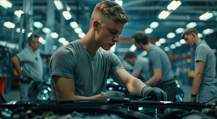 A young man is working on the engine of an SUV in front of him, he has short hair and wears black...