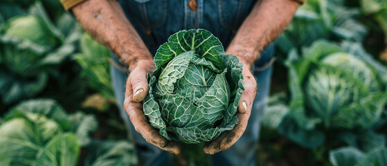 closeup shot of one cabbage in bird eye view held by a farmer with both hands on a cabbage farm background,  - obrazy, fototapety, plakaty