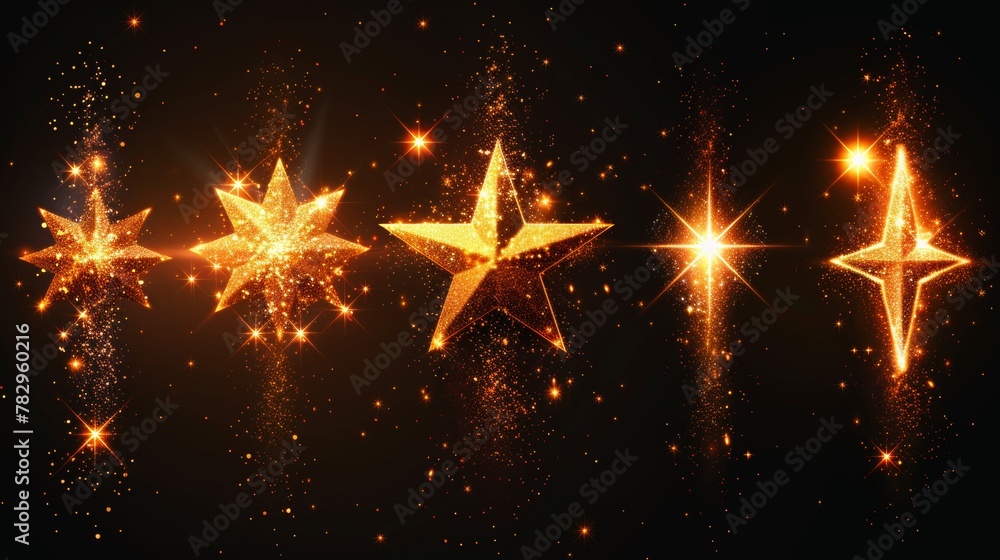 Poster The modern set of glowing stars with sparkles is isolated on a black background and can be used for illustrations, banners for Christmas celebrations or magic flash energy rays....
