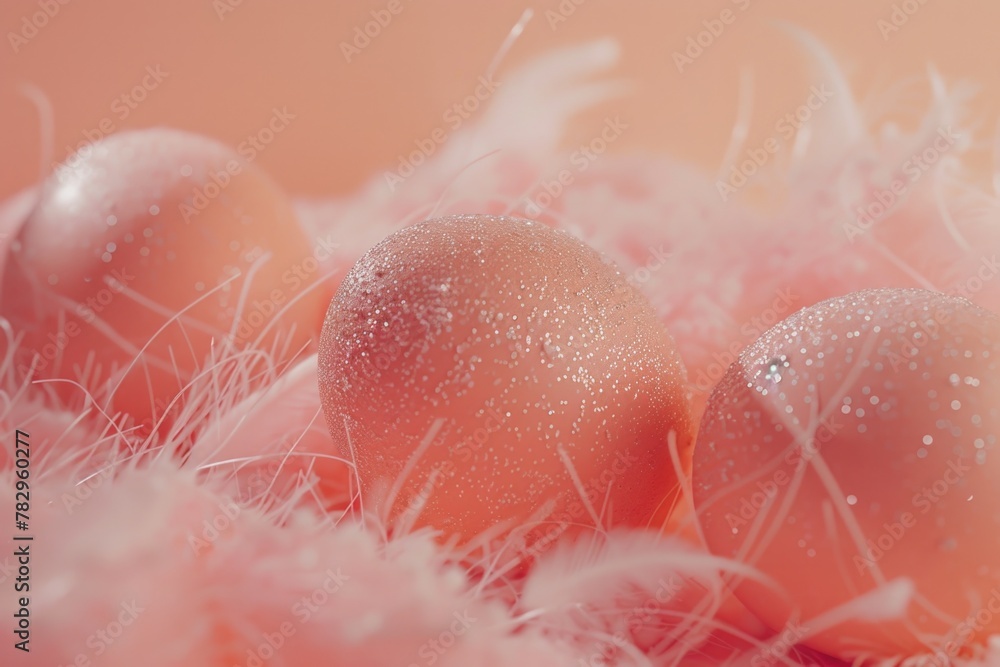 Aufkleber Close up of three eggs in a pile of feathers. Suitable for various themes and concepts