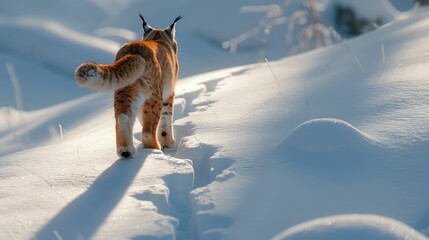 Lynx Stealthily Stalking Through Snowy Wilderness Terrain - obrazy, fototapety, plakaty