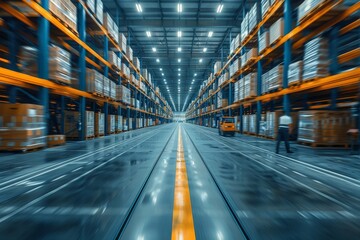 A bustling, high-capacity warehouse filled with goods, technology, and workers, showcasing busy industry event