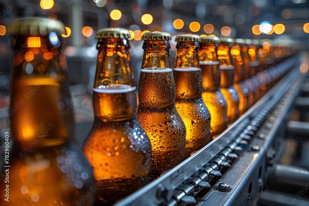 Poster this image shows a close-up of beer bottles in a row with condensation droplets, in a brewery produc