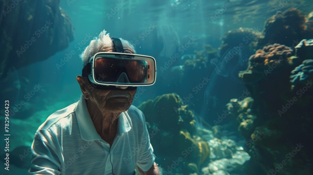 Poster a man in a white shirt and goggles looking at the camera. suitable for various business and technolo