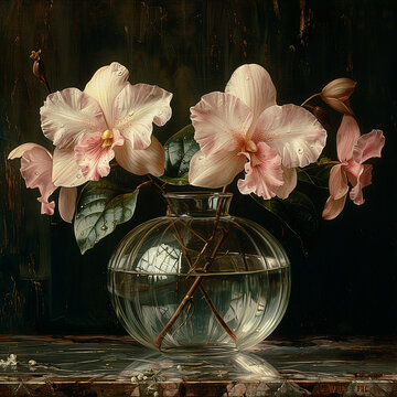 Beautiful wild pink orchids in glass, interior still life