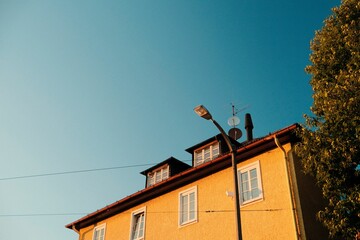 Exterior of building against a blue sky in Itzling, Salzburg