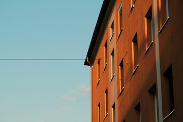 Fototapeta premium Exterior of building against a blue sky in Itzling, Salzburg