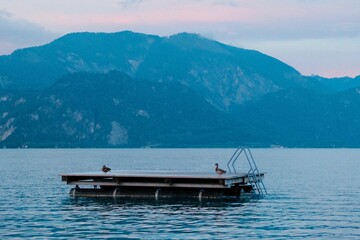 Beautiful shot of the floating bollard with mountains in the background