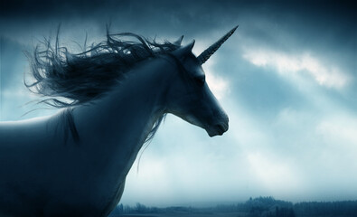 Art, night and unicorn in nature with freedom, strength and beauty, magic and dreamy on sky...