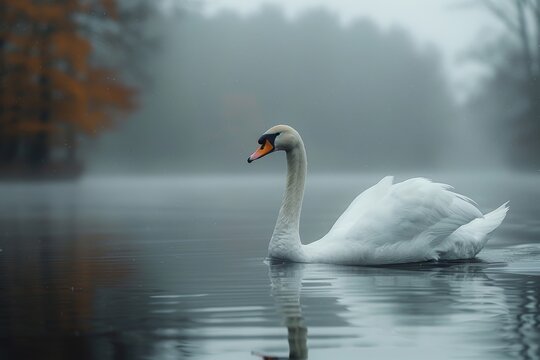 A captivating image of a majestic swan swimming in a foggy lake scenario, creating a mysterious and enigmatic atmosphere