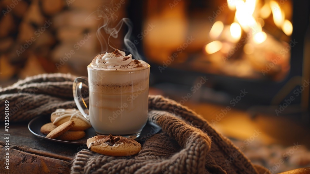 Poster a cup of coffee and cookies on a table. suitable for food and beverage concepts