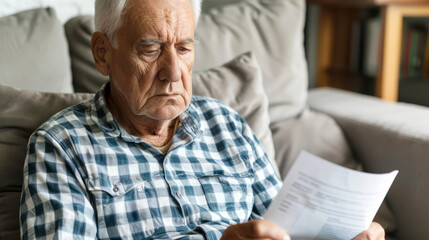 Senior man reviewing documents with concern, everyday life and planning theme.