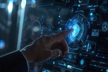 close-up view of a businessman's hand confidently pressing a control on a futuristic holographic user interface (HUD), rendered in ultra-realistic and cinematic high-definition