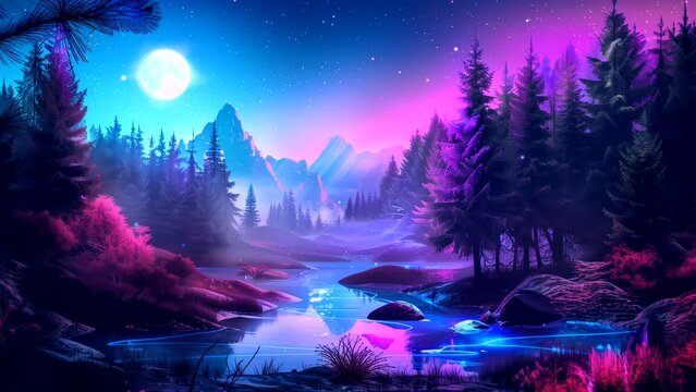 Fantasy Mountain and lake scenery with colorful neon lighting. seamless looping 4k time-lapse animation video backgrounds