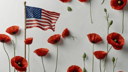 red poppy flowers with american flag single stick floating white background fully decorated,poppy flowers in the wind