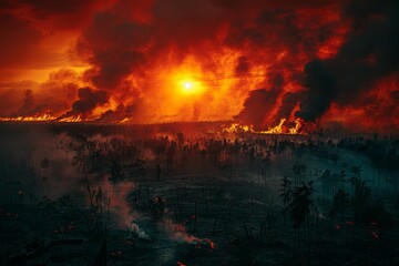 An intense image of a forest raging with fire and smoke against a dramatic red and orange sky as the sun sets