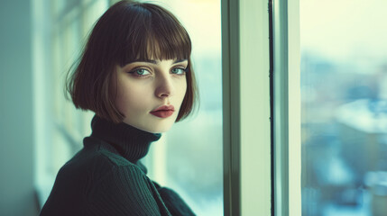 Intense gaze of a stylish woman with a modern bob haircut, poised and elegant.