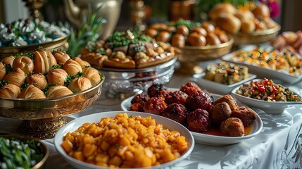 A festive scene of friends and family gathering for a celebratory Eid feast, with a lavish spread of delicious dishes and desserts laid out on a table adorned with "Eid Mubarak" decorations