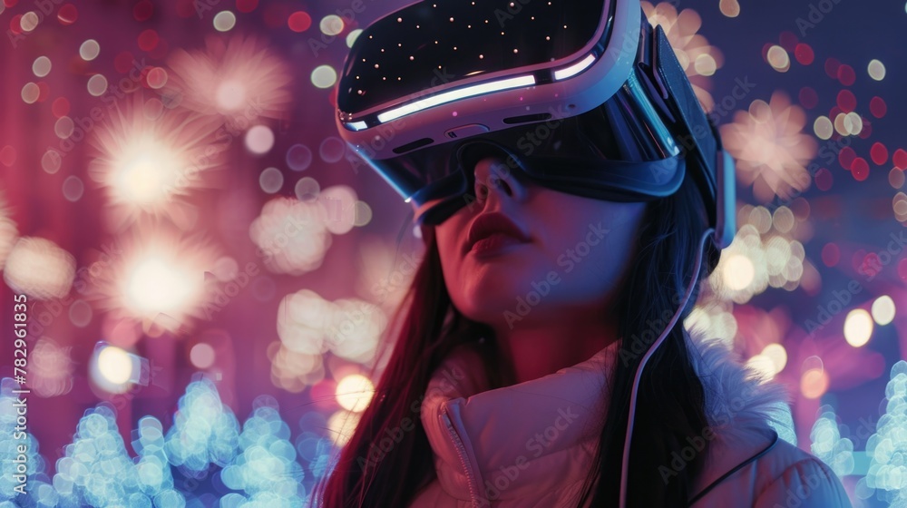 Poster a woman experiencing virtual reality with fireworks in background. suitable for technology and enter