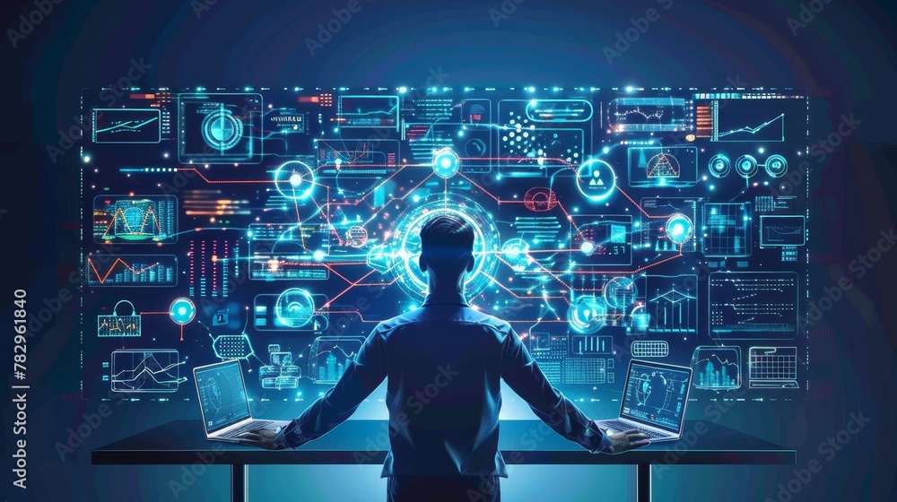 Poster business network: a 3d vector illustration of a businessman analyzing network data on a large screen