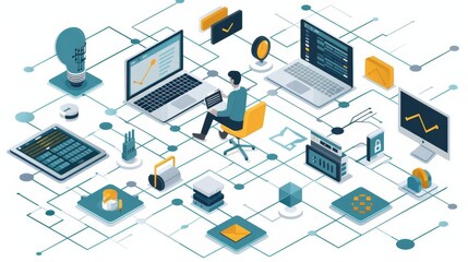 Obraz premium Business Network: A 3D vector illustration of a businessman working on a laptop connected to a network