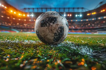 A vintage-looking soccer ball lies on the grass pitch in a bright lit stadium, illustrating sports history and nostalgia