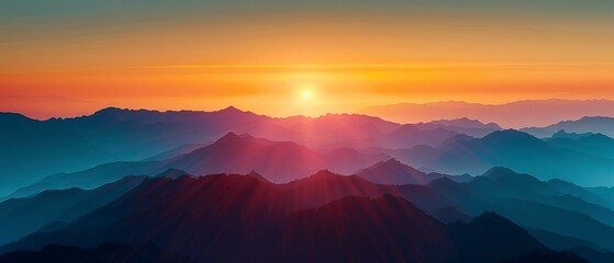 Sunset glow on mountain ridge, close up, vibrant hues, detailed silhouette - obrazy, fototapety, plakaty