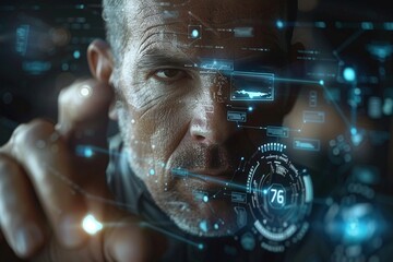 Gazing intently, a businessman dressed in professional attire presses a button on a hyper-realistic holographic user interface (HUD) with a cinematic feel and high-definition clarity.