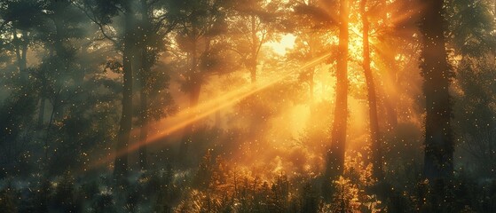 Sunrise peeking through forest, close up, rays detailing trees, soft light