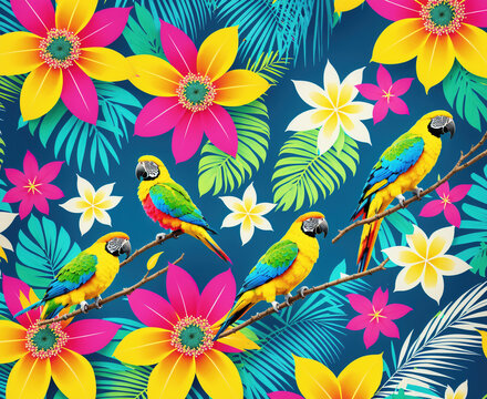 A group of colorful parrots perched on a branch with leaves and flowers in the background.