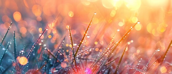 Sunrise on dewy grass, close up, sparkling light, detailed droplets