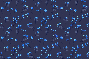 Bright dark blue abstract seamless pattern. Vector hand drawn. Creative tiny branches with shapes berries, drops, dots, spots and leaves. Template for design, textile, fashion, printing