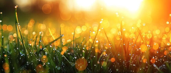 Sunrise on dewy grass, close up, sparkling light, detailed droplets - obrazy, fototapety, plakaty