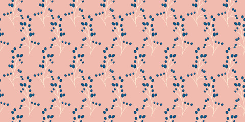 Abstract beige seamless pattern branches with tiny shapes berries, dots, drops. Vector hand drawn sketch. Creative simple geometric stems printing. Template for design, textile, fabric,