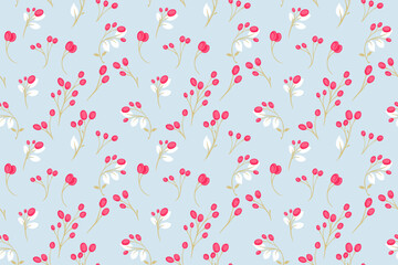 Abstract tiny branches with shapes berries and leaves scattered randomly in seamless pattern. Creative stems with forms dots, spots, drops pastel printing. Template for designs, textile,