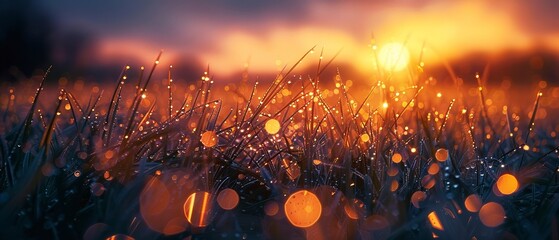 Sunrise on dewy grass, close up, sparkling light, detailed droplets - obrazy, fototapety, plakaty