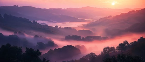 Fototapeten Sunrise mist in valley, close up, soft colors, detailed textures, serene © Thanthara